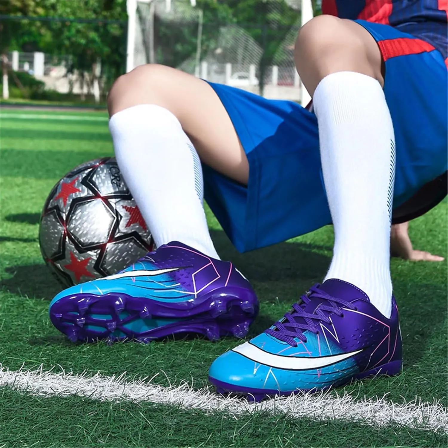 Boy's Soccer Cleats Mens Football Shoes Women Girls Low Tops Non-Slip Spikes Indoor Outdoor Firm Ground Athletic Combat