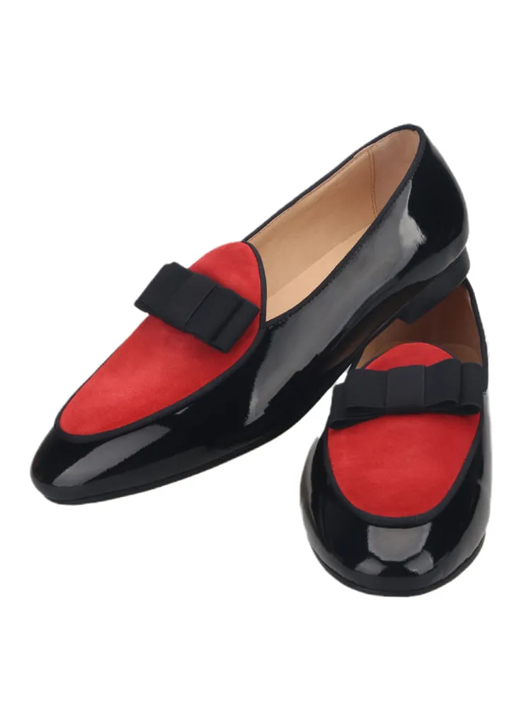 British yuppie style patent leather splicing suede handmade men's loafers wedding banquet formal bow slip-on smoking shoes