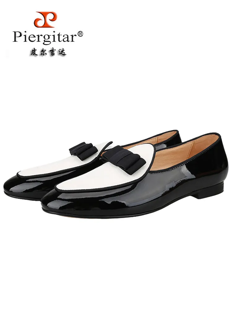 British yuppie style patent leather splicing suede handmade men's loafers wedding banquet formal bow slip-on smoking shoes