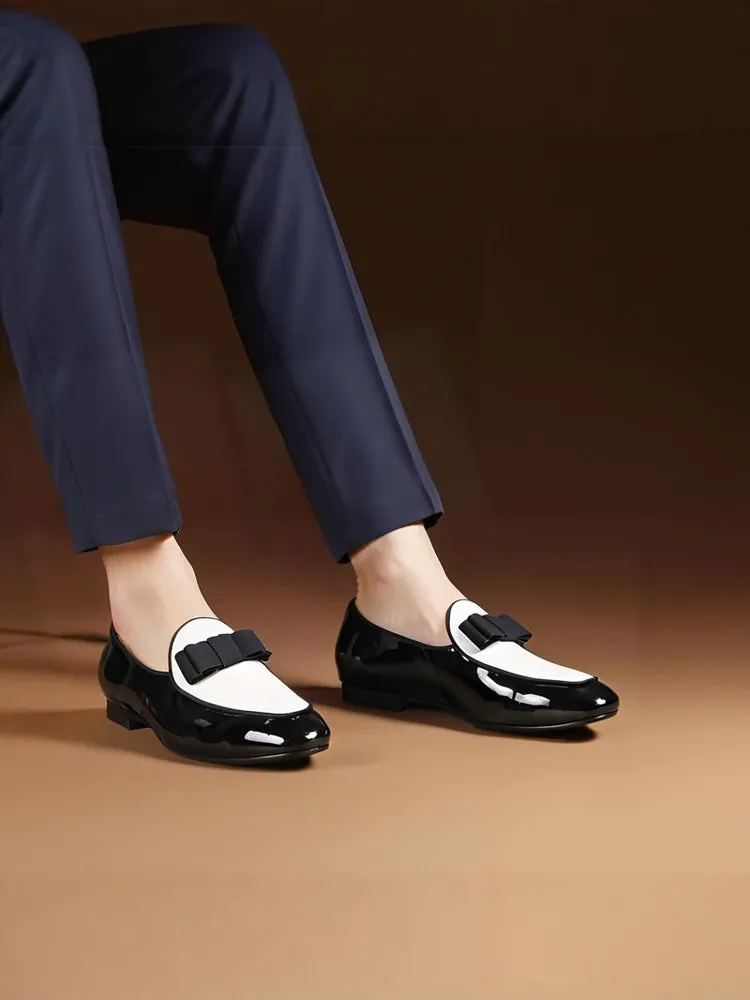 British yuppie style patent leather splicing suede handmade men's loafers wedding banquet formal bow slip-on smoking shoes