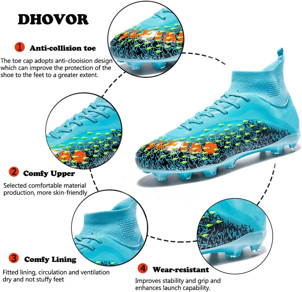 DHOVOR Boys Football Cleats High-Tops Football Shoes for Kids Soccer Cleats Professional Athletic Training Soccer Shoes