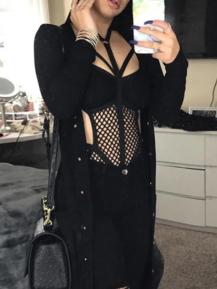 Goth Dark Gothic Fishnet Sexy Bodycon Halter Bodysuits Women Grunge Punk Hollow Out Nightclub Lingerie Patchwork Emo Alt Clothes