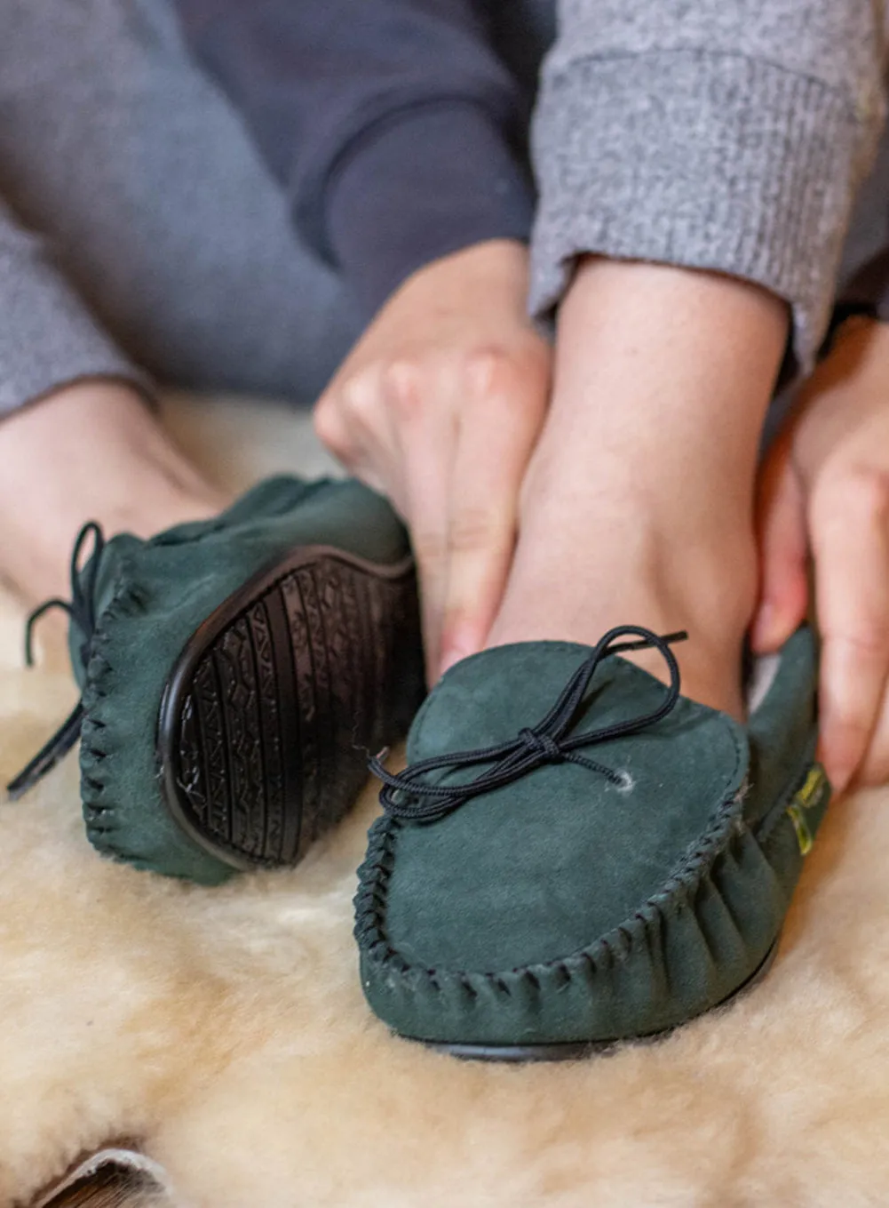 Green Suede Lambswool Moccasins with Sole