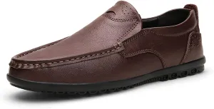 HOOENG Shoes Smoking Loafer for Men Genuine Leather Stitching Details Round Toe Flat Heel Lightweight Resistant Driving Slip On (Color : Brown, Size : 8.5)