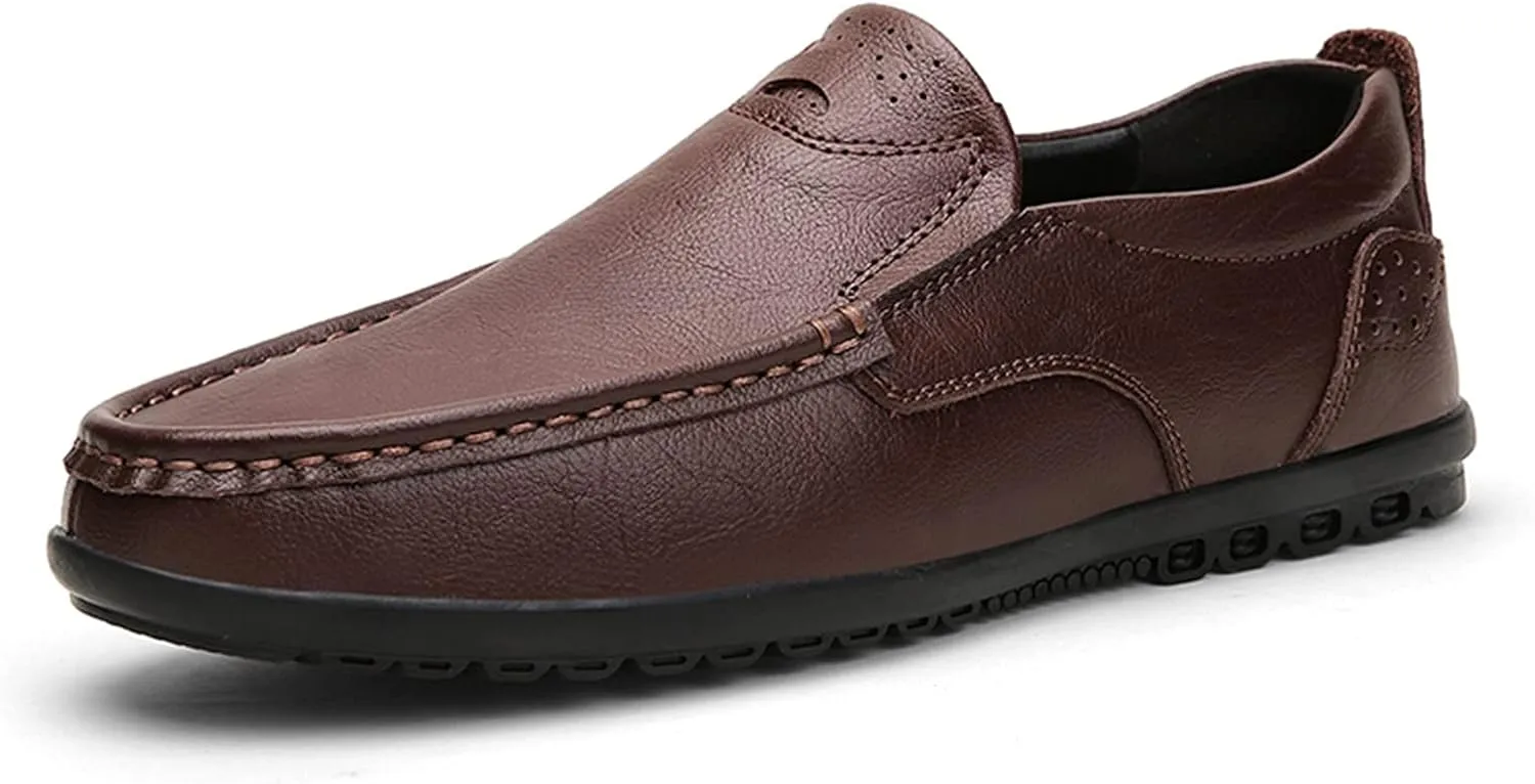 HOOENG Shoes Smoking Loafer for Men Genuine Leather Stitching Details Round Toe Flat Heel Lightweight Resistant Driving Slip On (Color : Brown, Size : 8.5)