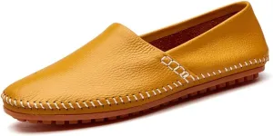 HOOENG Smoking Loafer for Men Genuine Leather Round Toe Stitching Details Resistant Flat Heel Lightweight Flexible Walking Slip on (Color : Yellow, Size : 11)