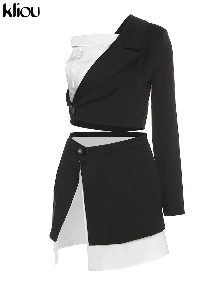 Kliou High Street Style Two Piece Set Women Skirt Asymmetrical Patchwork One-Shoulder Top Unique Sexy Side Single Button Skirt