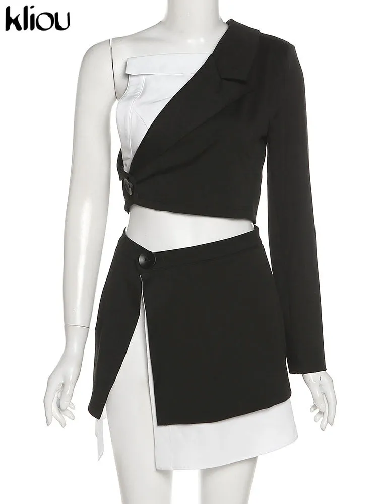 Kliou High Street Style Two Piece Set Women Skirt Asymmetrical Patchwork One-Shoulder Top Unique Sexy Side Single Button Skirt