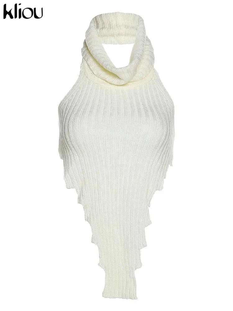 Kliou Knitted Worsted Vest For Women Fashion Irregular Shape Cut Out High Street Style Top Cascading Turtleneck Sleeveless Wear
