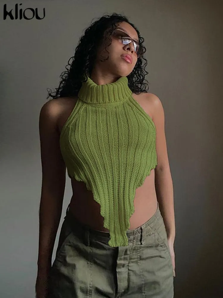 Kliou Knitted Worsted Vest For Women Fashion Irregular Shape Cut Out High Street Style Top Cascading Turtleneck Sleeveless Wear