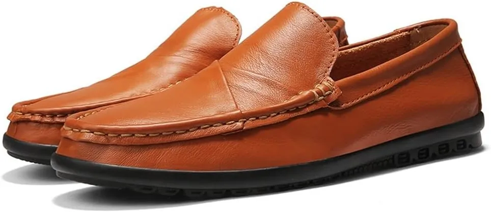 Loafer Shoes Driving Moccasins for Men Genuine Leather Round Toe Stitching Details Rubber Sole Anti-Slip Resistant Flat Heel Flexible Outdoor Slip On
