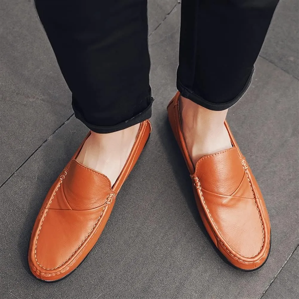 Loafer Shoes Driving Moccasins for Men Genuine Leather Round Toe Stitching Details Rubber Sole Anti-Slip Resistant Flat Heel Flexible Outdoor Slip On