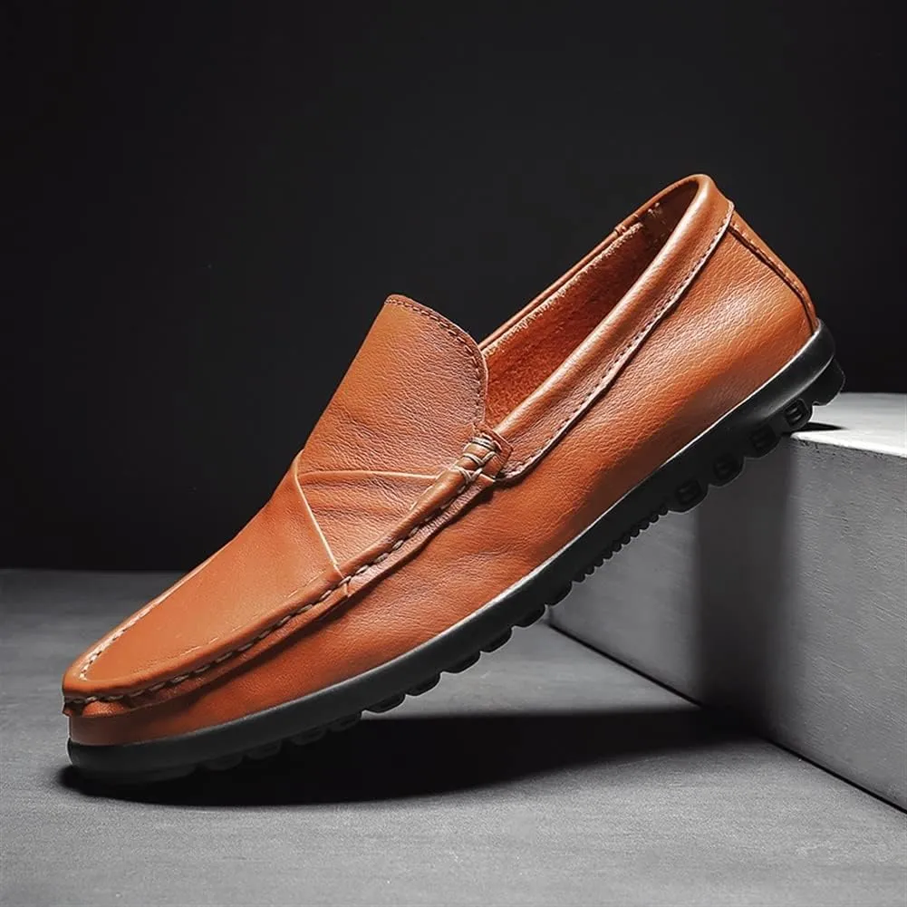 Loafer Shoes Driving Moccasins for Men Genuine Leather Round Toe Stitching Details Rubber Sole Anti-Slip Resistant Flat Heel Flexible Outdoor Slip On