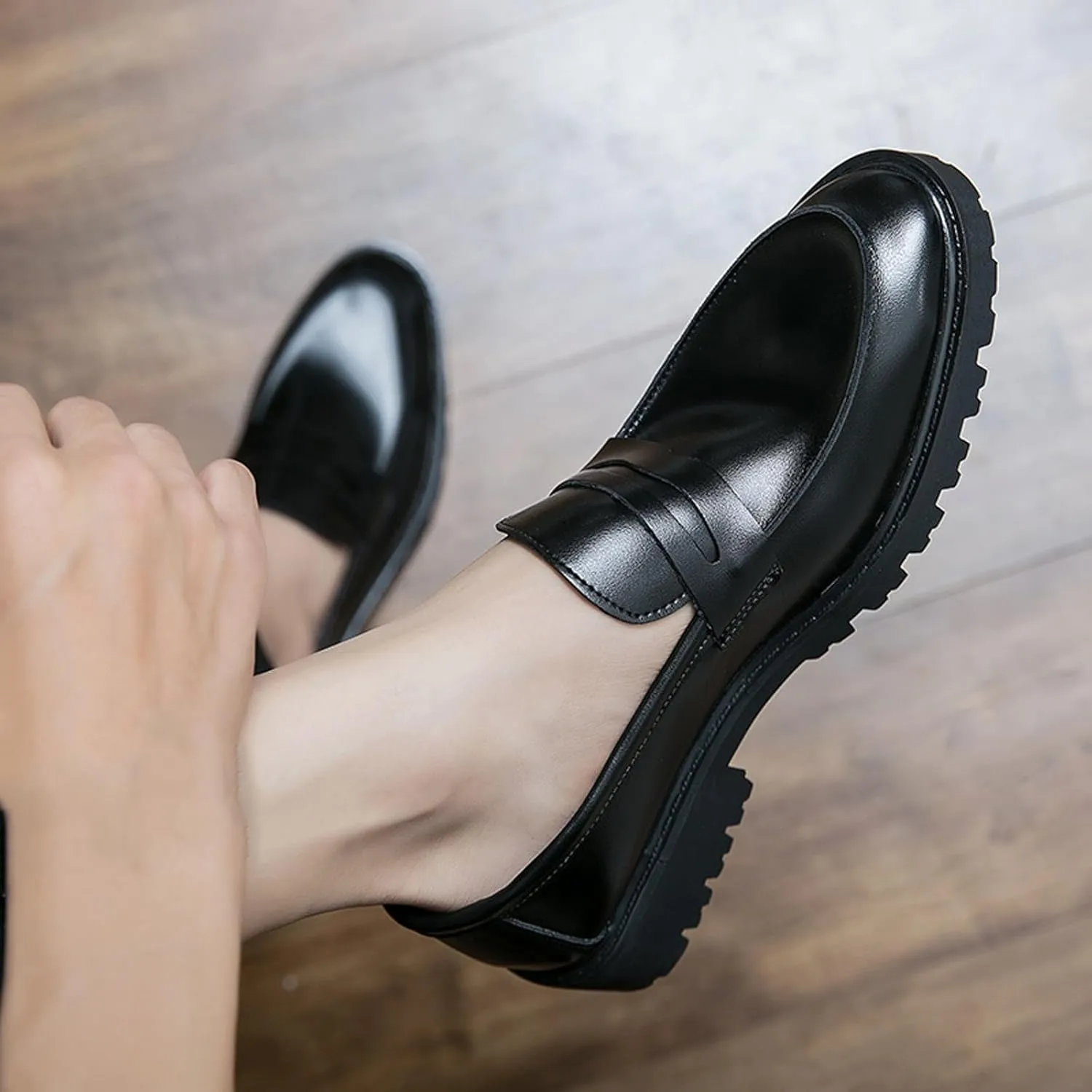 Lymphvity Platform Chunky Heel Loafers for Men Round Toe Slip-on Penny Shoes Casual Comfort Block Heel Dress Shoes