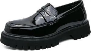 Lymphvity Platform Chunky Heel Loafers for Men Round Toe Slip-on Penny Shoes Casual Comfort Block Heel Dress Shoes
