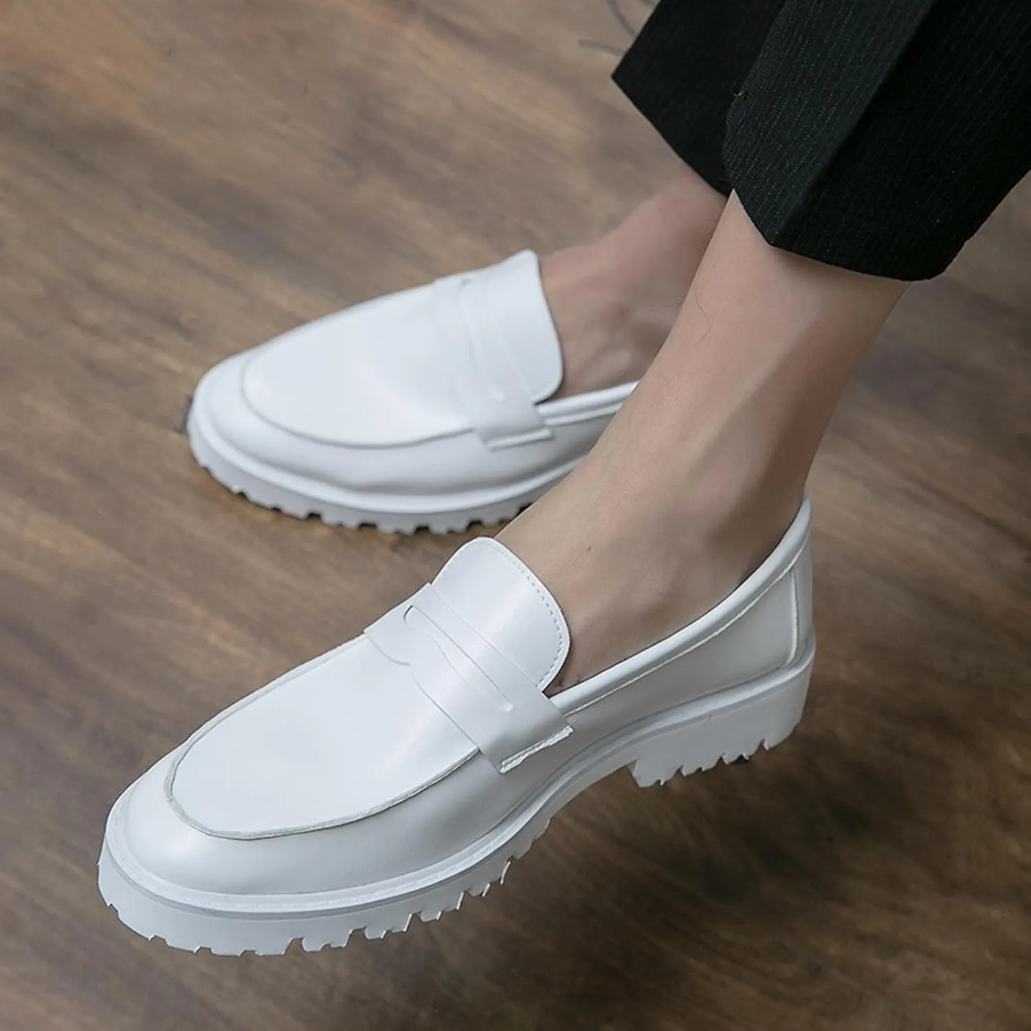 Lymphvity Platform Chunky Heel Loafers for Men Round Toe Slip-on Penny Shoes Casual Comfort Block Heel Dress Shoes