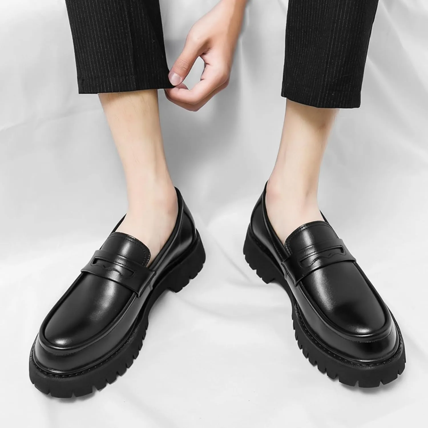 Lymphvity Platform Chunky Heel Loafers for Men Round Toe Slip-on Penny Shoes Casual Comfort Block Heel Dress Shoes