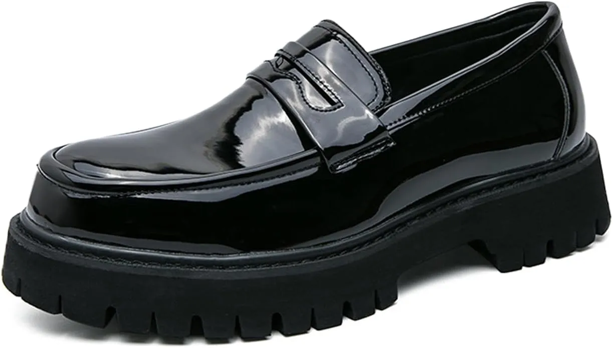 Lymphvity Platform Chunky Heel Loafers for Men Round Toe Slip-on Penny Shoes Casual Comfort Block Heel Dress Shoes
