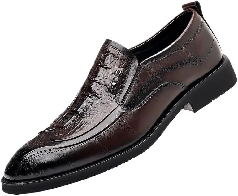 Men's Designer Leather Loafers, Classic Pattern Business Flat Shoes, Slip-On Pointed Toe Breathable Formal Dress Shoes, Valentine's Gifts for Men