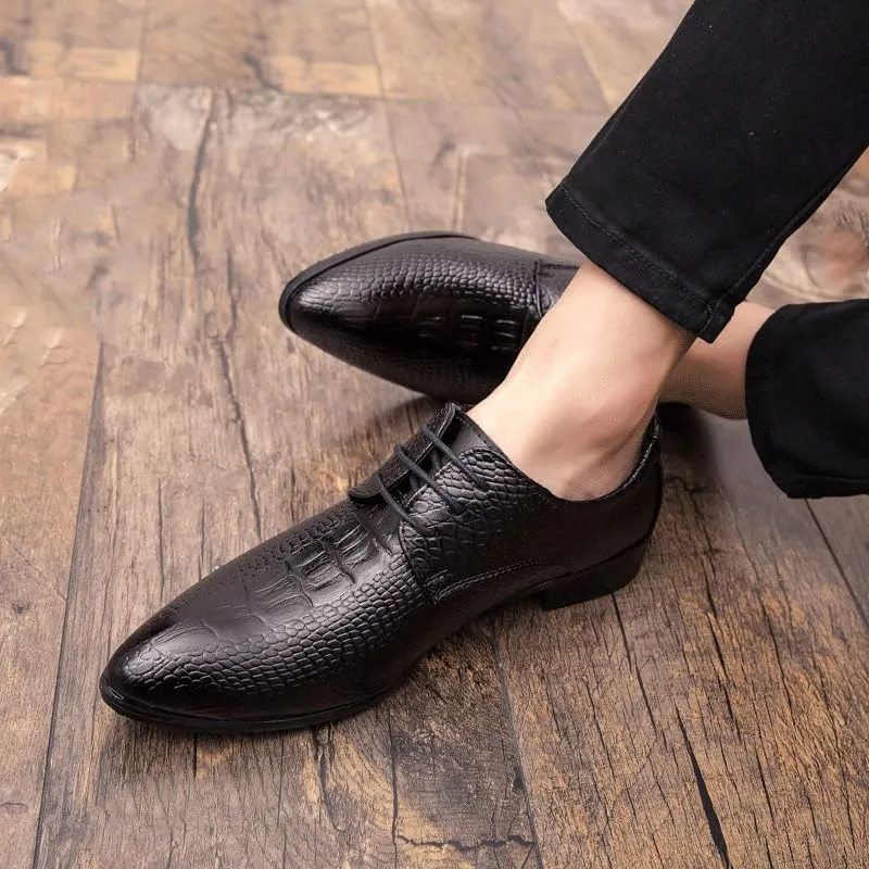 Men's Fashion Black Lace-up Dress Shoes, PU Leather Oxford Business Shoes, Luxury Pointed Toe Casual Prom Footwear for Boys