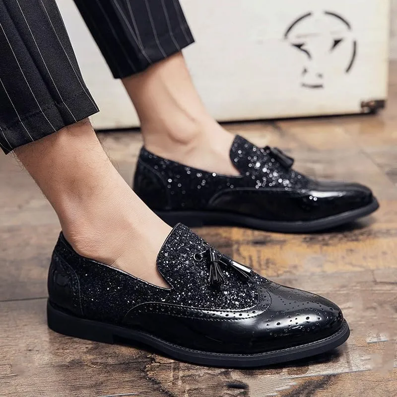 Men's Genuine Leather Dress Shoes, British Style Pointed Toe Slip-On Formal Business Loafers, Handmade Black Casual Suit Shoes for Party and Office