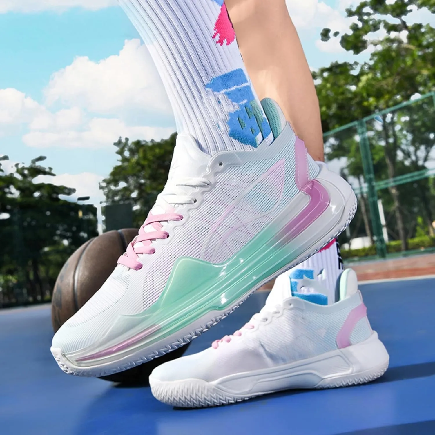 Mens Mid Top Lightweight Breathable Mesh Lace Up Basketball Shoes Fashion Non Slip Sport Sneakers for Walking Running Tennis Volleyball