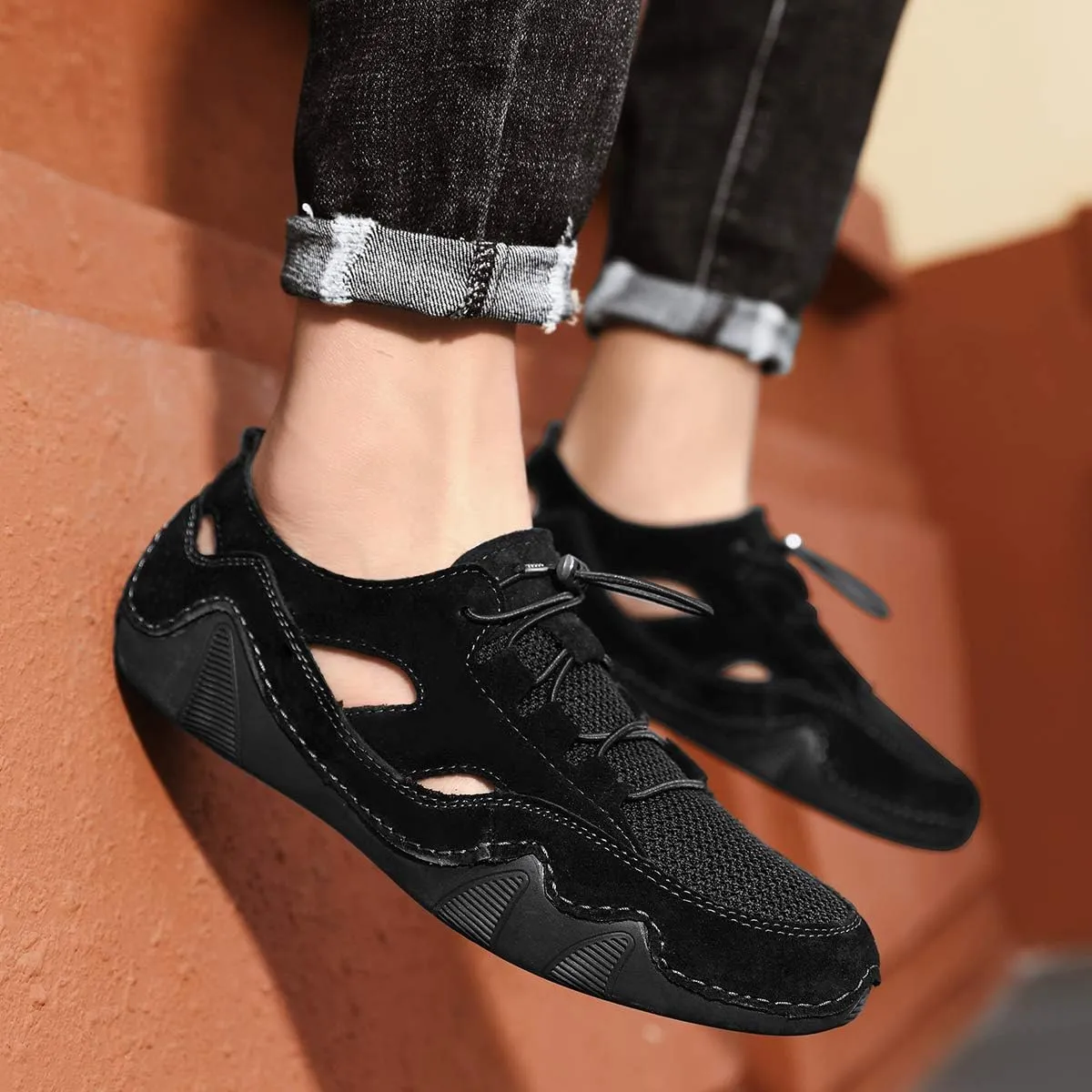 Men's Summer Handmade Outdoor Breathable Lace Up Driving Non-Slip Fashionable Comfort Lightweight Loafer Shoes for Men