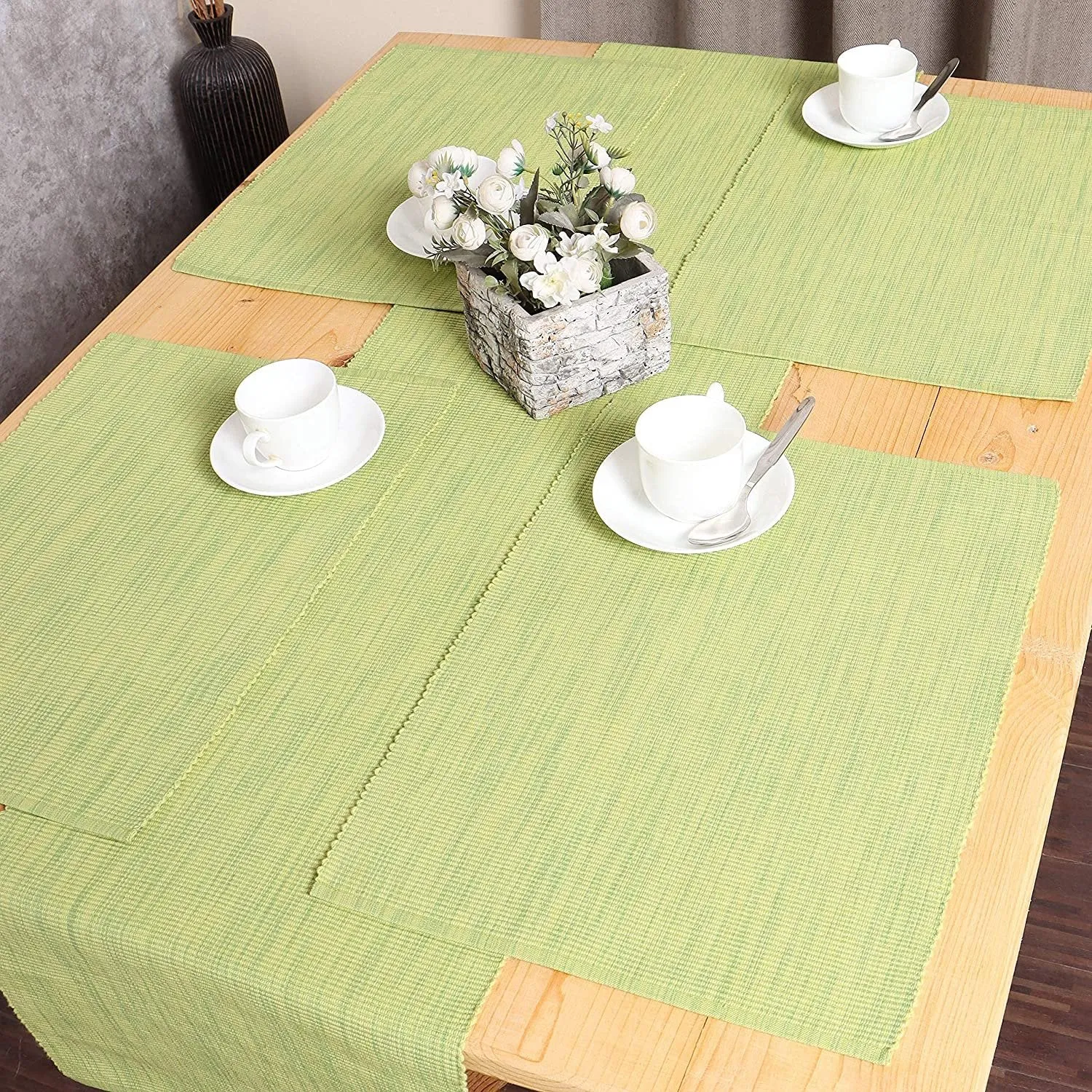  REDEARTH  Placemats-Two Tone Ribbed Woven Table Linen for Square, Round, Rectangle Dining Table, Coffee Table, Console, Dresser; 100% Cotton (14x20; Green) Set of 6