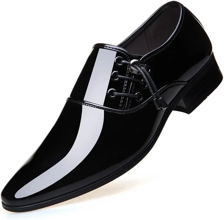 Shoes Dress Oxford for Men Lace Up Pointed Toe Vegan Leather Shiny Shoes Non Slip Resistant Block Heel Business(Black,7)