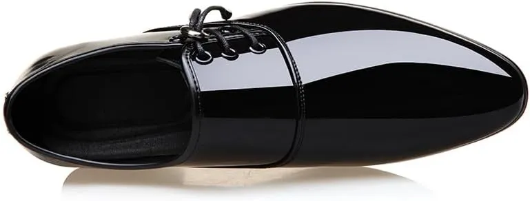 Shoes Dress Oxford for Men Lace Up Pointed Toe Vegan Leather Shiny Shoes Non Slip Resistant Block Heel Business(Black,7)