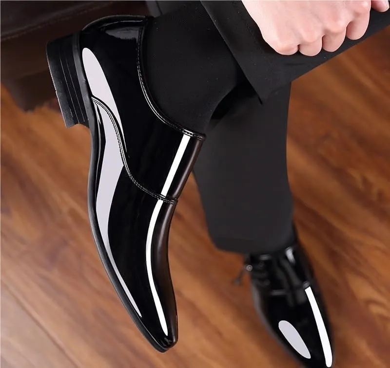 Shoes Dress Oxford for Men Lace Up Pointed Toe Vegan Leather Shiny Shoes Non Slip Resistant Block Heel Business(Black,7)