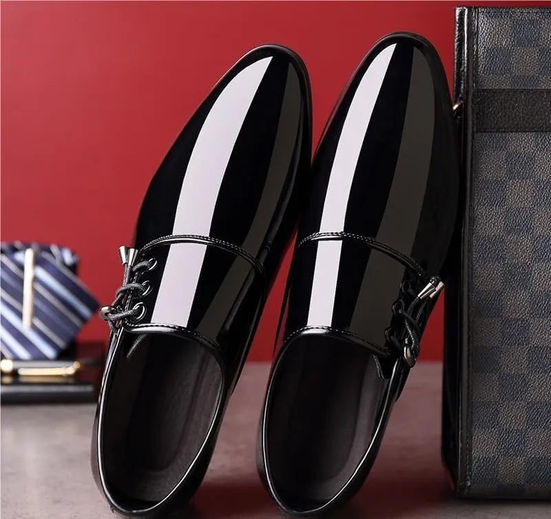 Shoes Dress Oxford for Men Lace Up Pointed Toe Vegan Leather Shiny Shoes Non Slip Resistant Block Heel Business(Black,7)