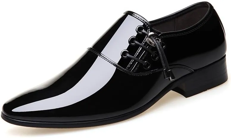 Shoes Dress Oxford for Men Lace Up Pointed Toe Vegan Leather Shiny Shoes Non Slip Resistant Block Heel Business(Black,7)