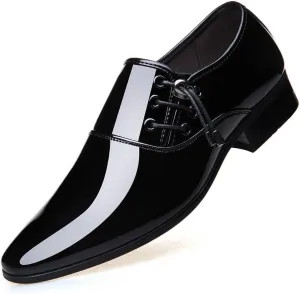 Shoes Dress Oxford for Men Lace Up Pointed Toe Vegan Leather Shiny Shoes Non Slip Resistant Block Heel Business(Black,7)