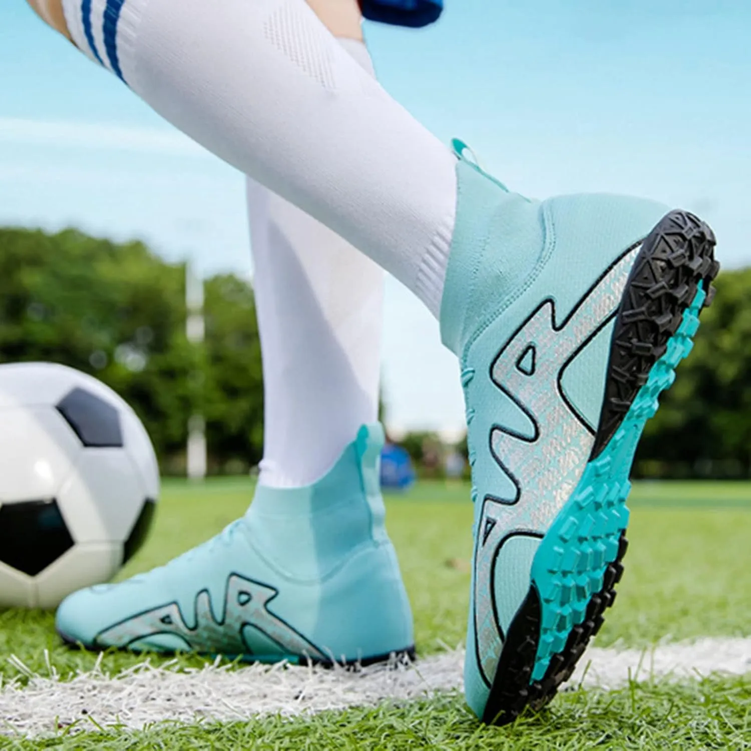 Soccer Shoes Mens TF High-Top Ankle Support,Indoor Soccer Shoes Kids Soft Comfortable,Youth Football Cleats Non-Slip Shock Absorption