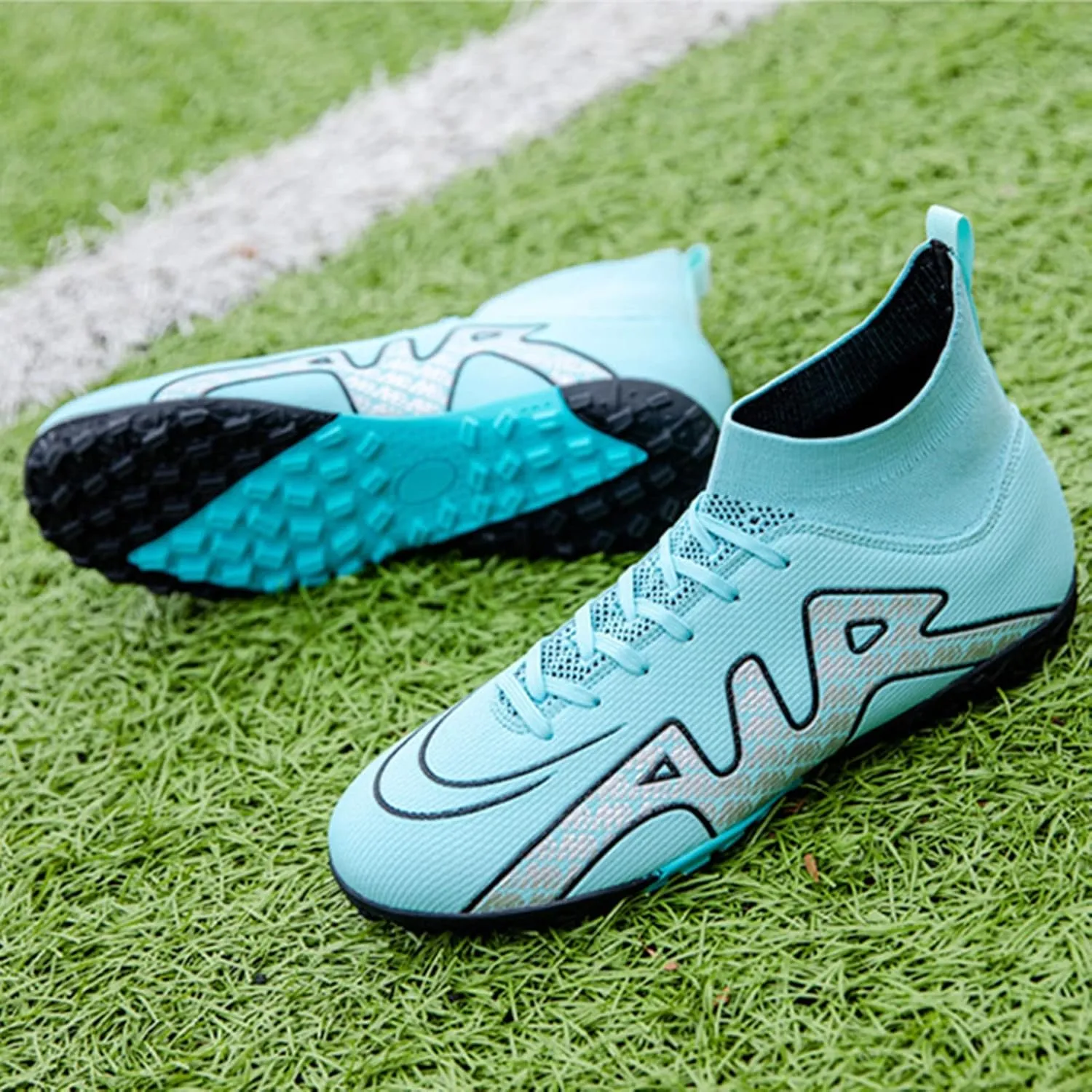 Soccer Shoes Mens TF High-Top Ankle Support,Indoor Soccer Shoes Kids Soft Comfortable,Youth Football Cleats Non-Slip Shock Absorption