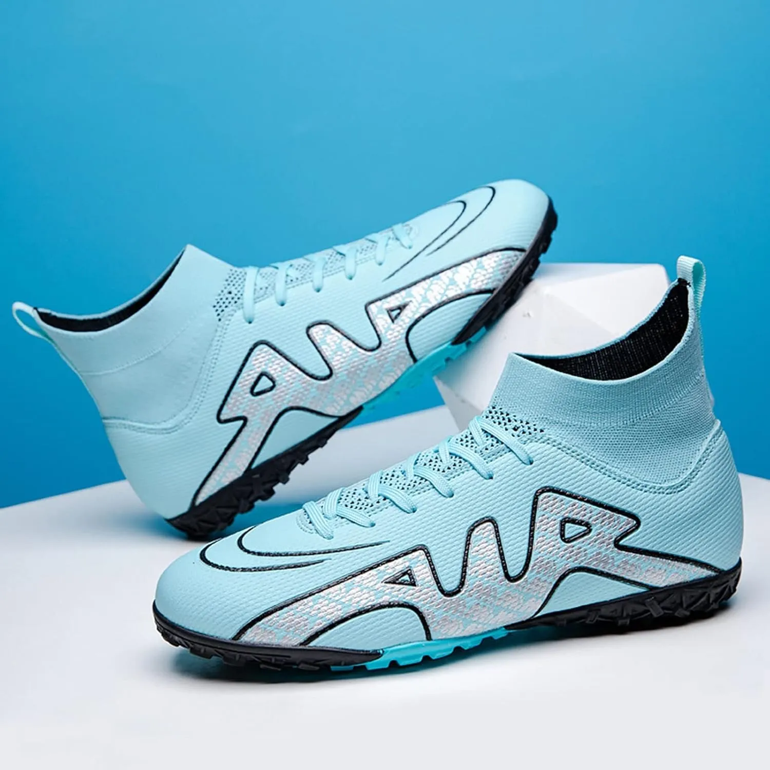 Soccer Shoes Mens TF High-Top Ankle Support,Indoor Soccer Shoes Kids Soft Comfortable,Youth Football Cleats Non-Slip Shock Absorption