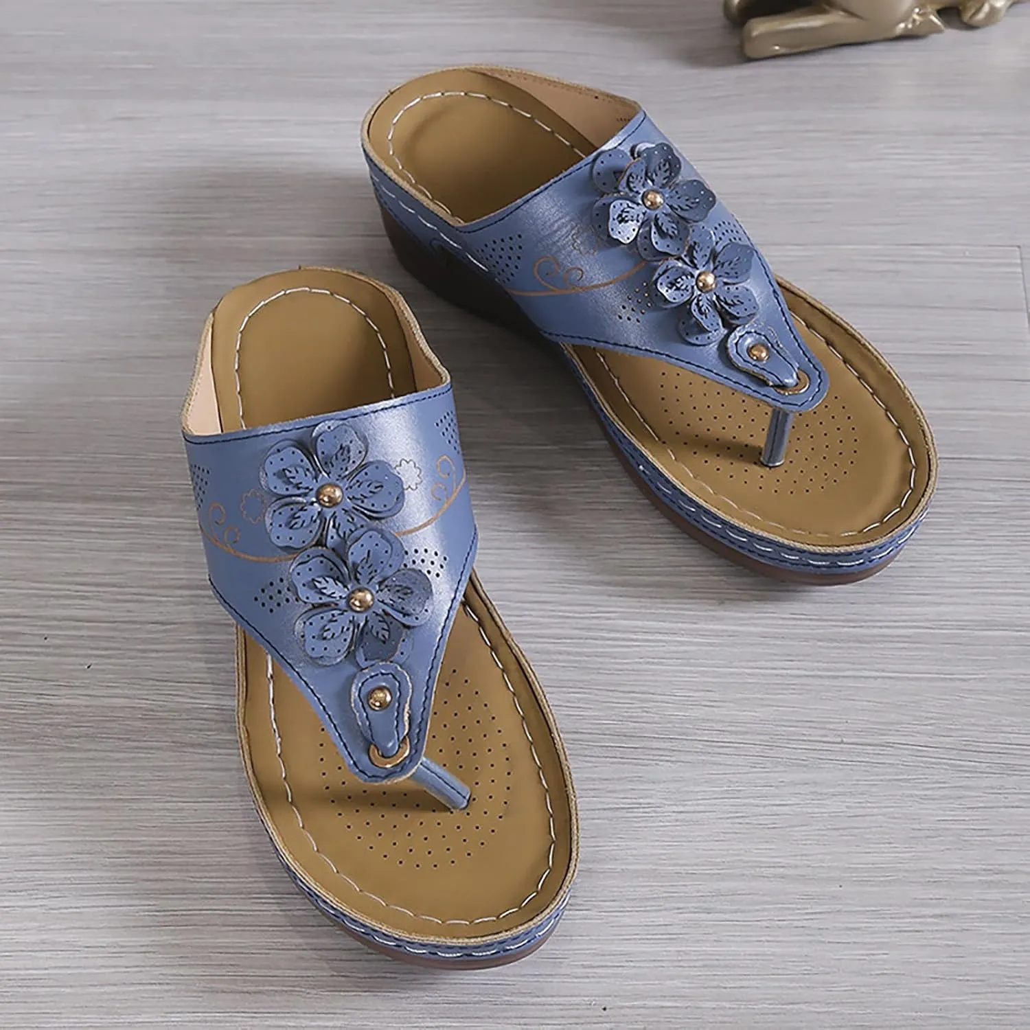 Wedge Sandals for Women Dressy Comfortable Double Flowers Orthopedic Walking Platform Wedges Shoes Dressy Summer Casual Beach Bohemian Flip Flops