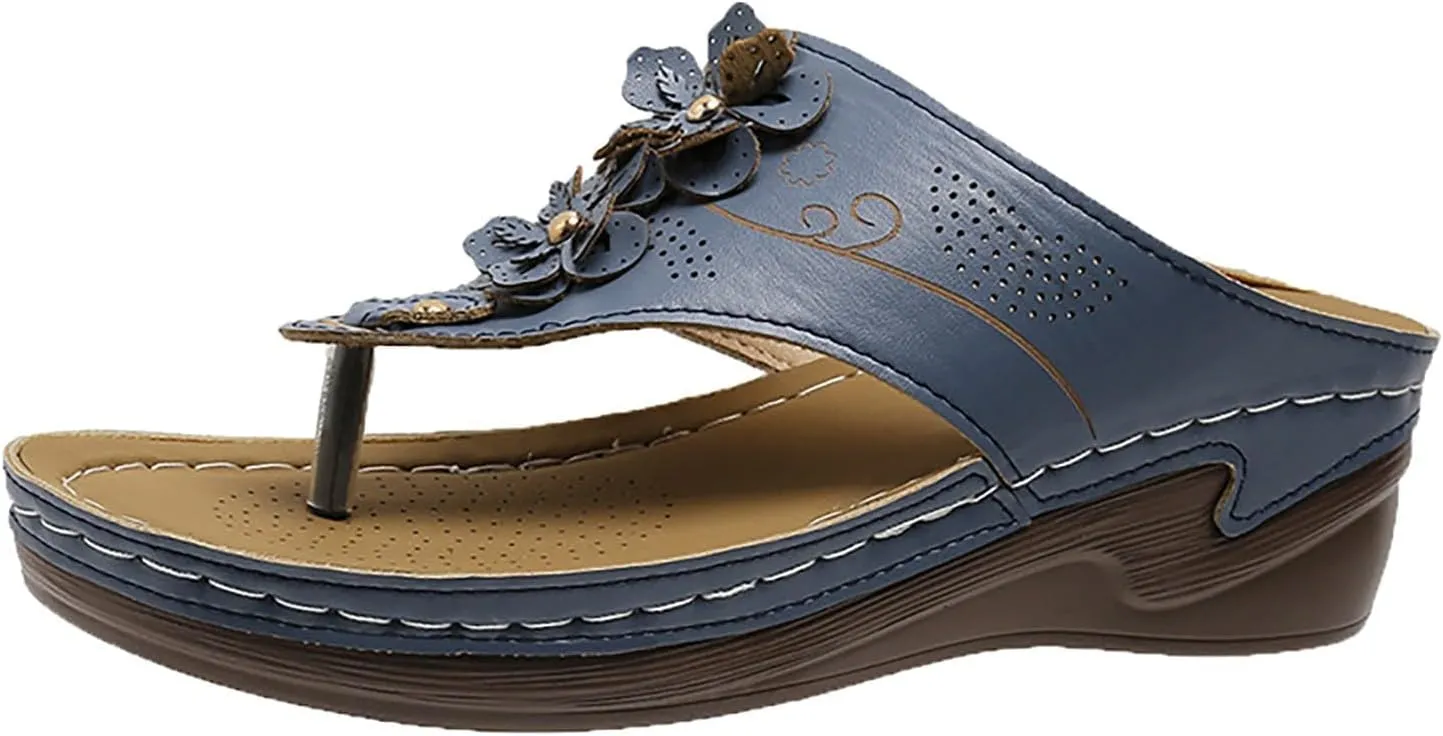 Wedge Sandals for Women Dressy Comfortable Double Flowers Orthopedic Walking Platform Wedges Shoes Dressy Summer Casual Beach Bohemian Flip Flops