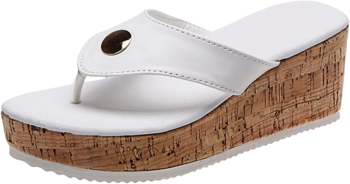 Women's Leather Platform Clip Toe Flip Flops with Arch Support Summer Casual Anti-Slip Orthopedic Wedges Walking Sandals Heeled 2025 Wedge Summer Dressy Low Heel Comfortable Slip on Shoes