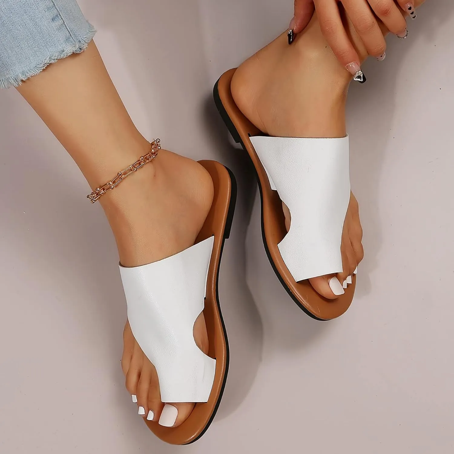 Womens Wedges Leather Ring Toe Sandals Orthopedic Correction Platform Non-Slip Open Toe Casual Beach Slip On Slippers