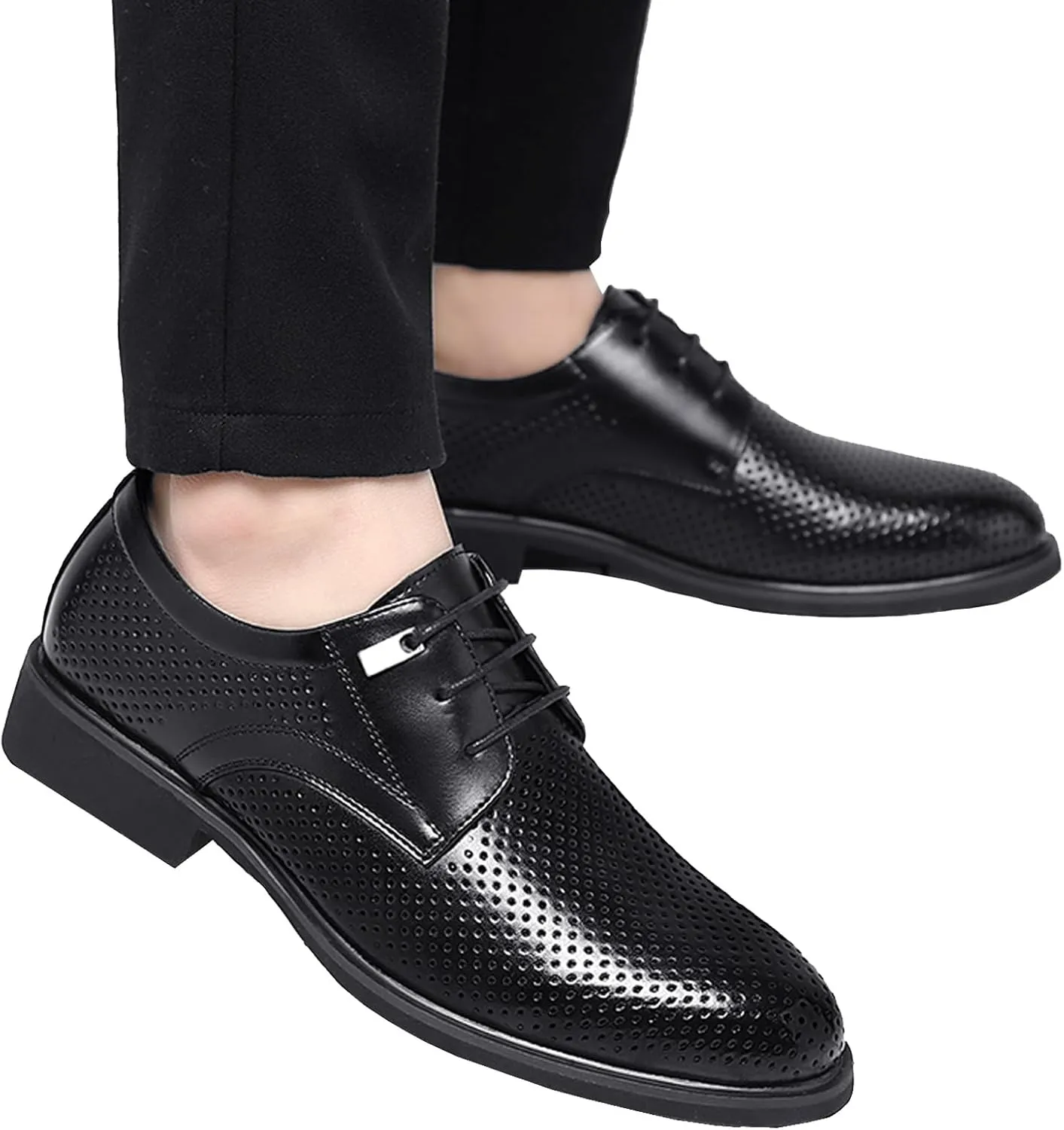 WUIWUIYU Teens Boys' Men's Summer Formal Dress Oxfords Lace-up Perforated Wedding Business Wintips Flat Shoes