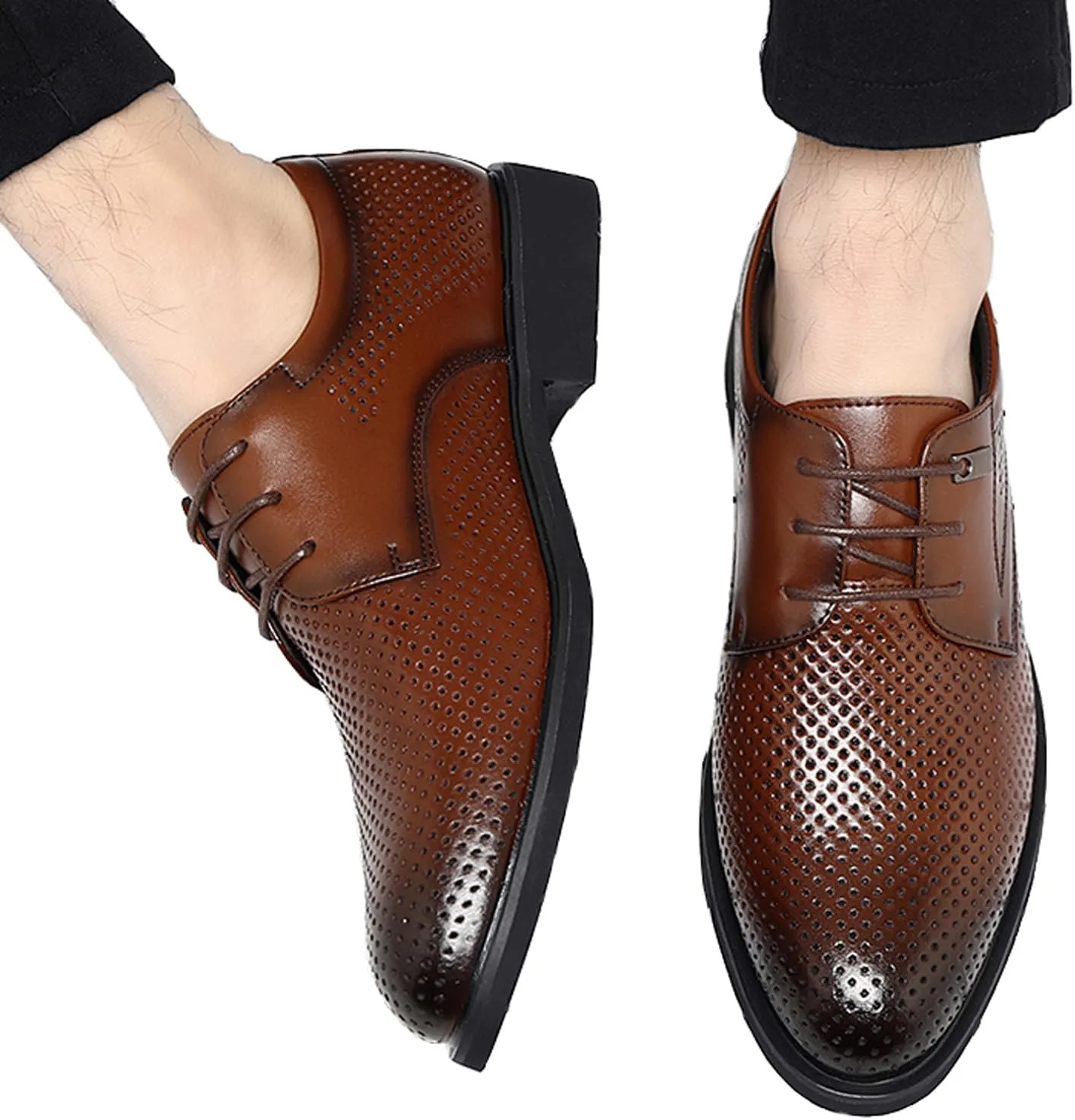 WUIWUIYU Teens Boys' Men's Summer Formal Dress Oxfords Lace-up Perforated Wedding Business Wintips Flat Shoes
