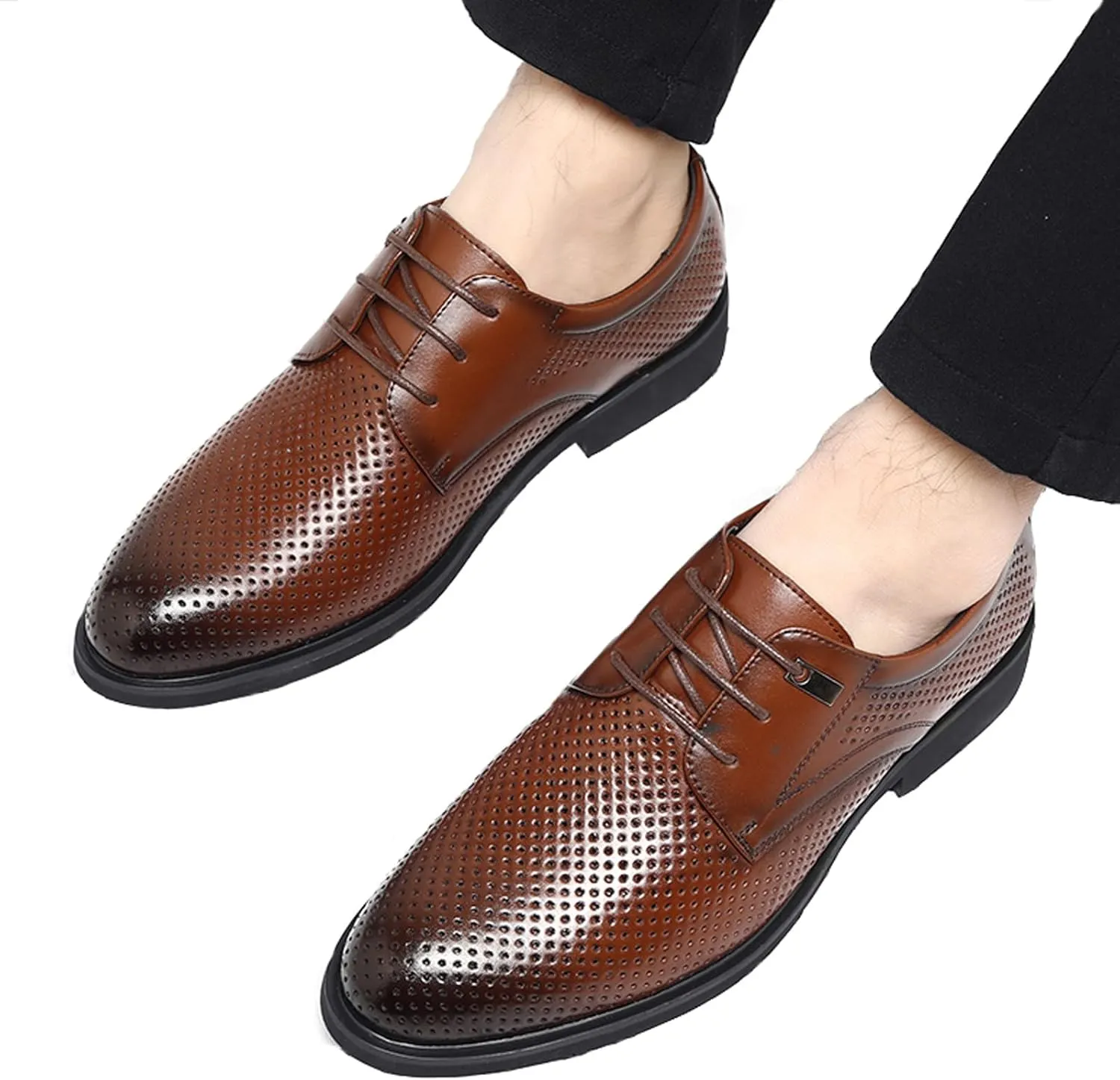 WUIWUIYU Teens Boys' Men's Summer Formal Dress Oxfords Lace-up Perforated Wedding Business Wintips Flat Shoes