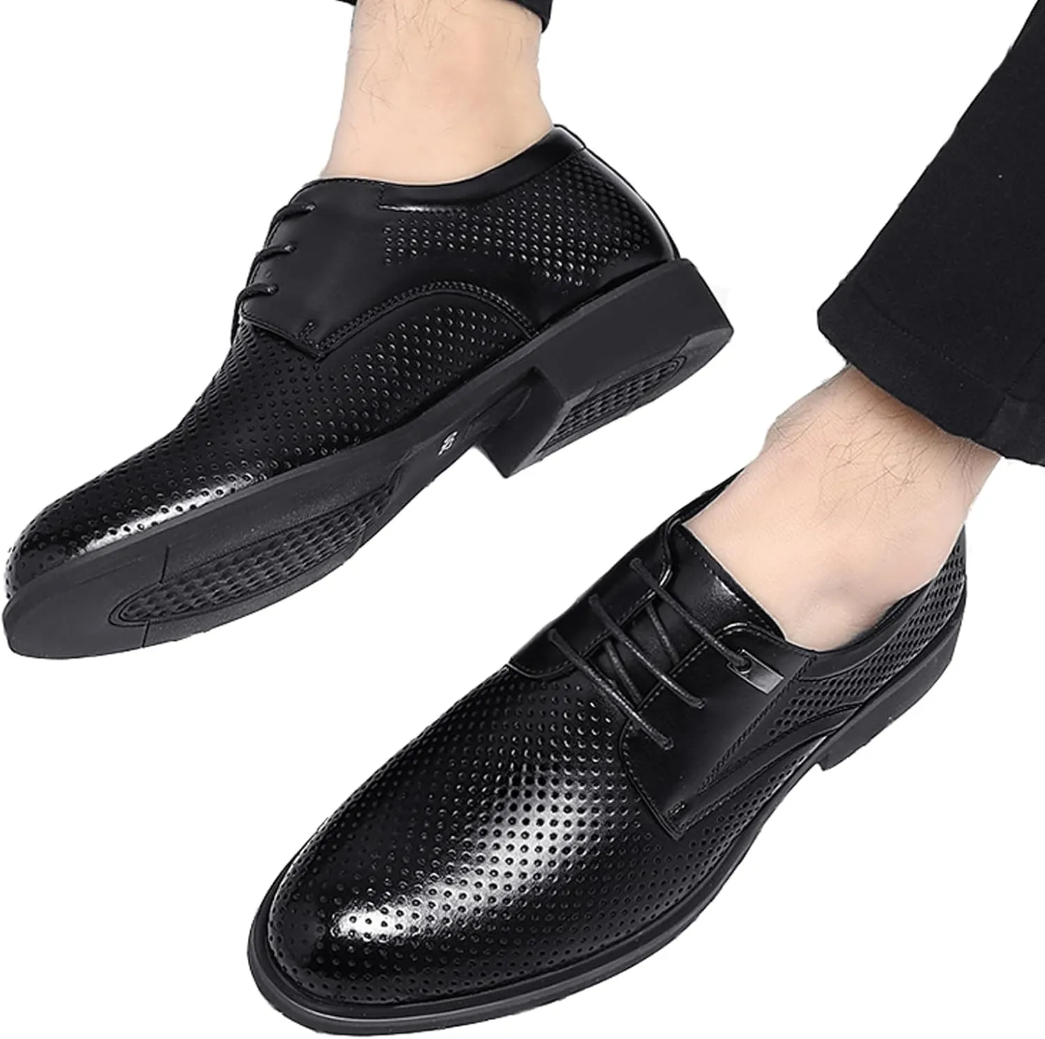 WUIWUIYU Teens Boys' Men's Summer Formal Dress Oxfords Lace-up Perforated Wedding Business Wintips Flat Shoes