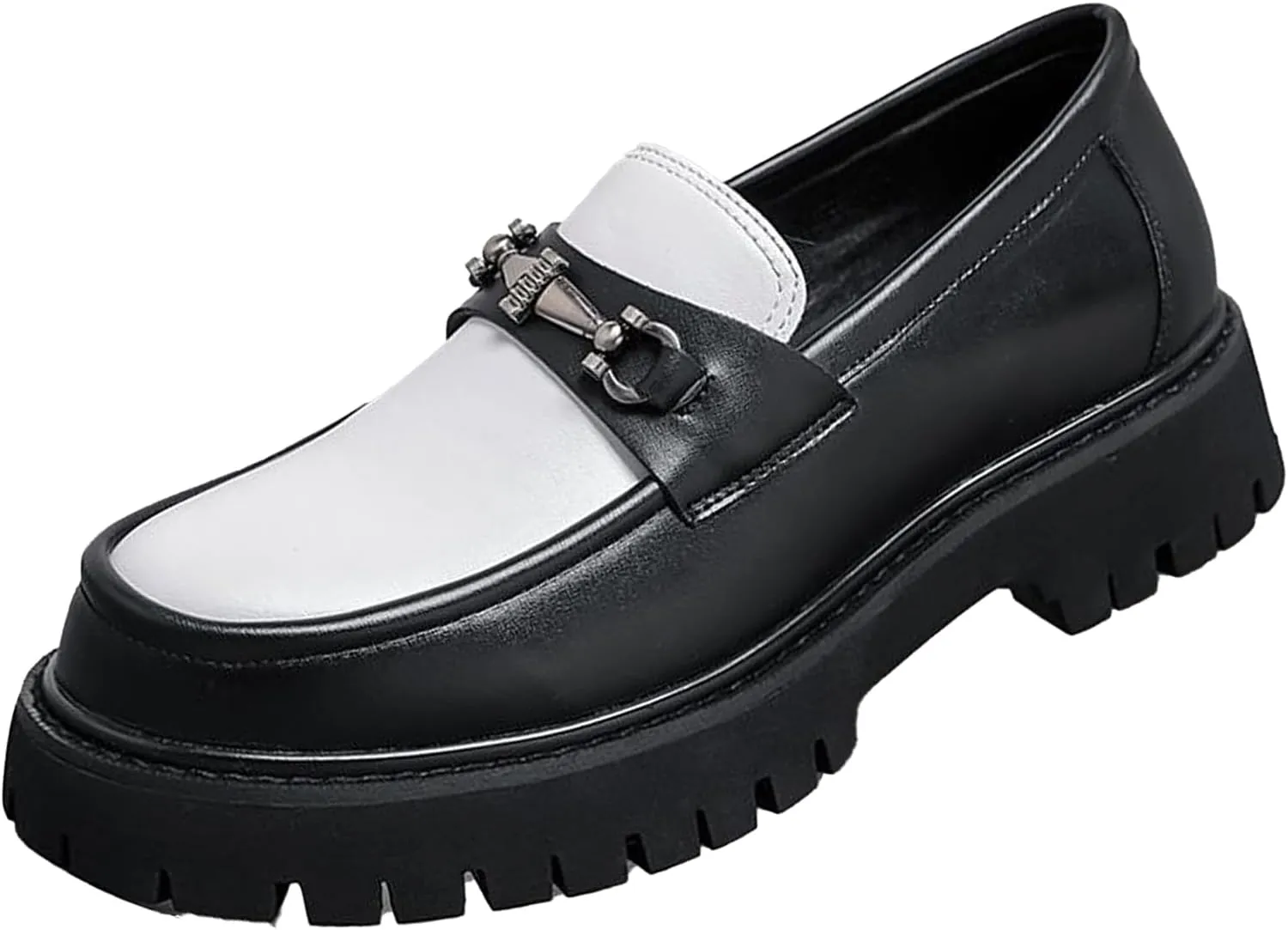 XENTORD Men's Patent Leather Platform Loafers Comfort Non-Slip Lug Sole Slip-On Dress Shoes with Metal Horsebit Detail for Business Office & Casual
