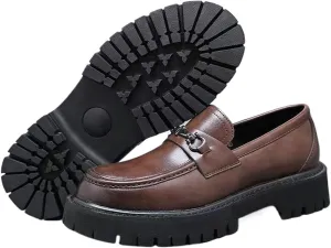 XENTORD Men's Patent Leather Platform Loafers Comfort Non-Slip Lug Sole Slip-On Dress Shoes with Metal Horsebit Detail for Business Office & Casual