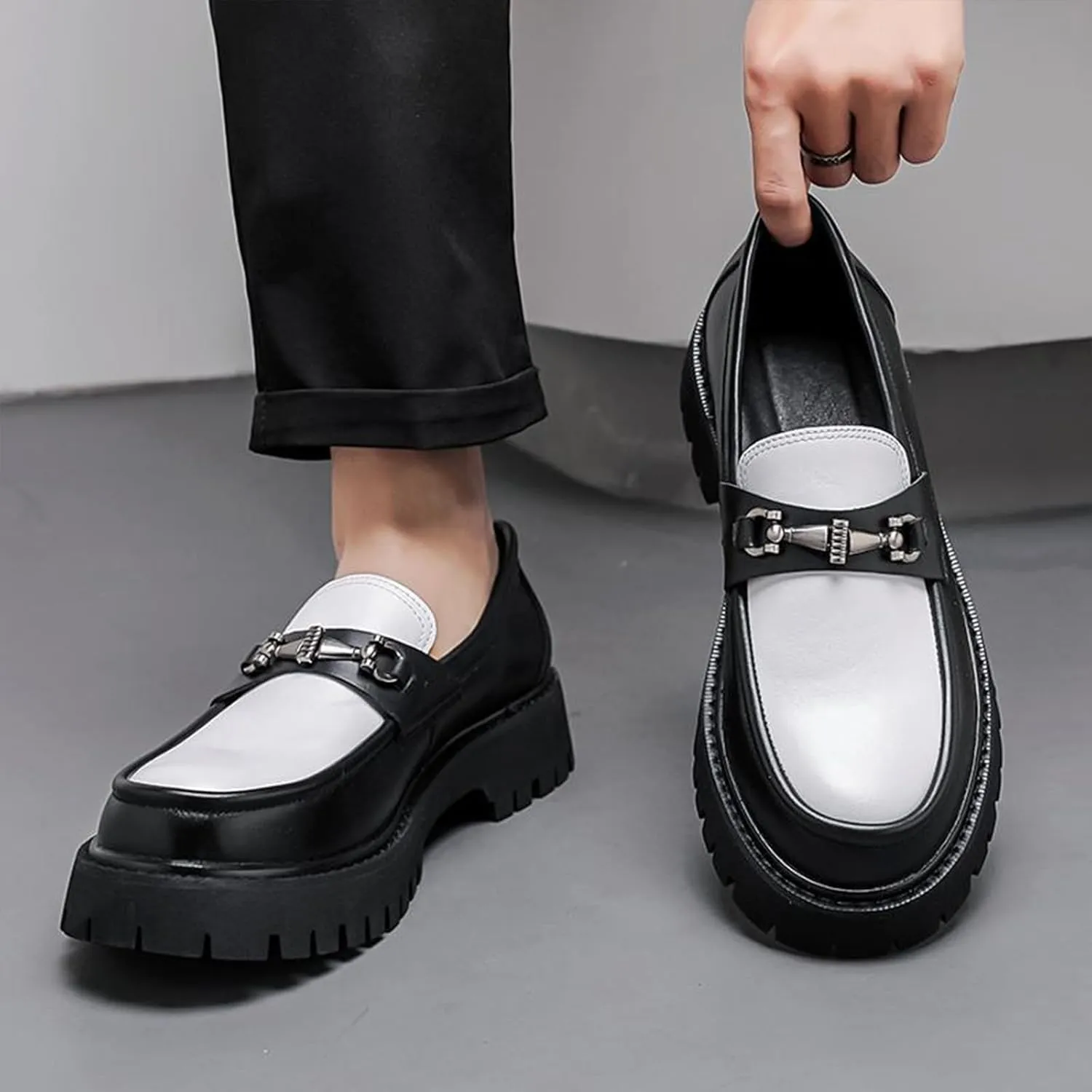 XENTORD Men's Patent Leather Platform Loafers Comfort Non-Slip Lug Sole Slip-On Dress Shoes with Metal Horsebit Detail for Business Office & Casual