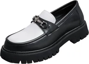XENTORD Men's Patent Leather Platform Loafers Comfort Non-Slip Lug Sole Slip-On Dress Shoes with Metal Horsebit Detail for Business Office & Casual