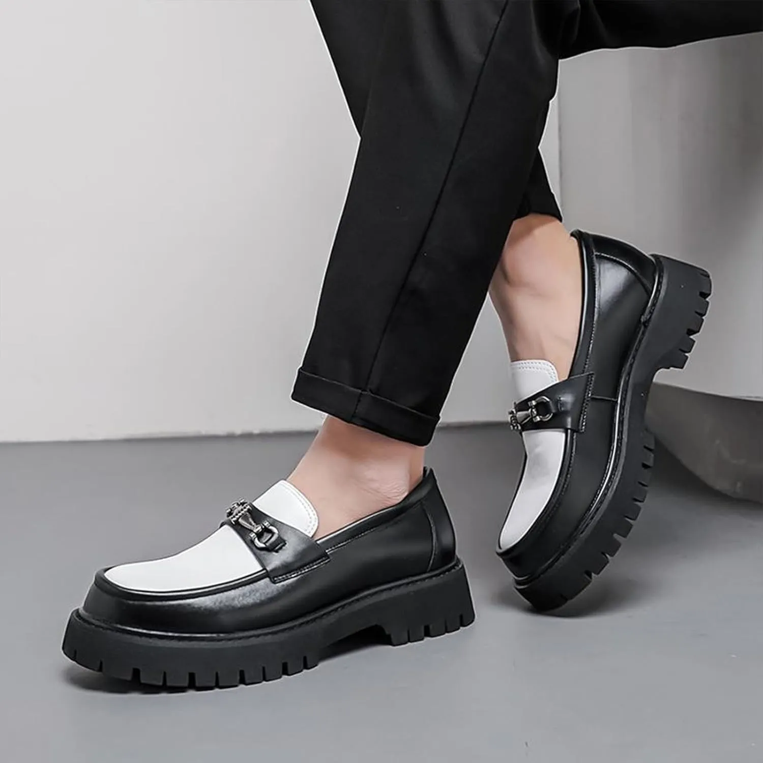 XENTORD Men's Patent Leather Platform Loafers Comfort Non-Slip Lug Sole Slip-On Dress Shoes with Metal Horsebit Detail for Business Office & Casual